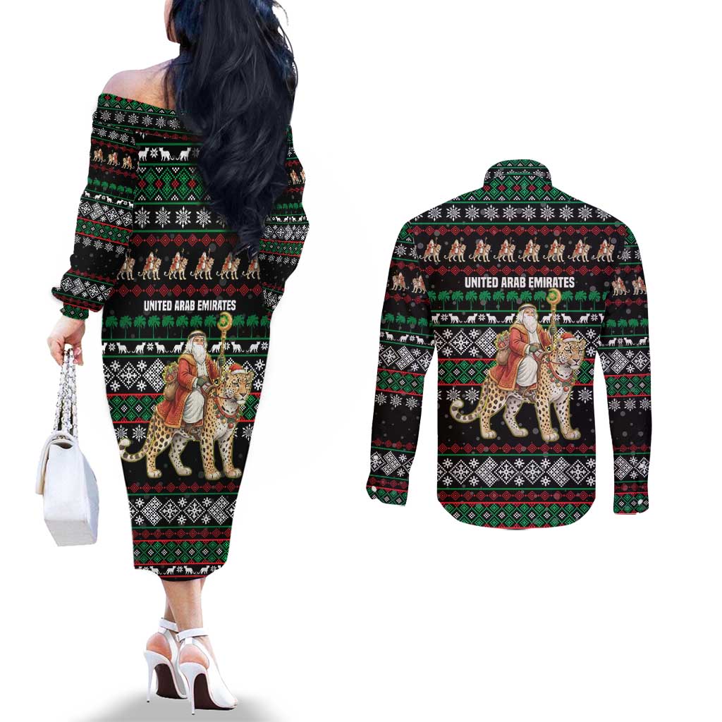United Arab Emirates Christmas Couples Matching Off The Shoulder Long Sleeve Dress and Long Sleeve Button Shirt with Santa Riding Cheetah Black Snowflake Pattern and Palm Tree - Wonder Print Shop