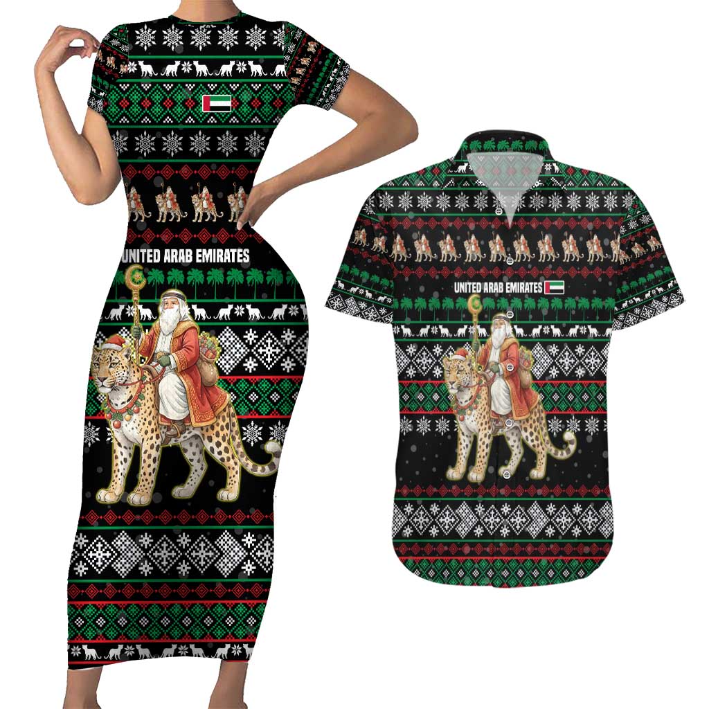 United Arab Emirates Christmas Couples Matching Short Sleeve Bodycon Dress and Hawaiian Shirt with Santa Riding Cheetah Black Snowflake Pattern and Palm Tree - Wonder Print Shop