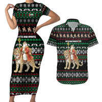 United Arab Emirates Christmas Couples Matching Short Sleeve Bodycon Dress and Hawaiian Shirt with Santa Riding Cheetah Black Snowflake Pattern and Palm Tree - Wonder Print Shop