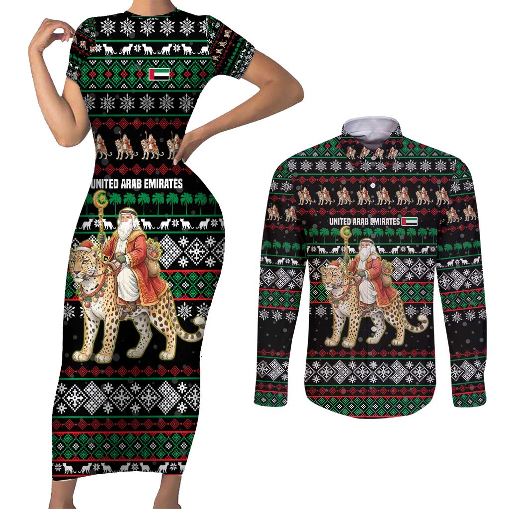 United Arab Emirates Christmas Couples Matching Short Sleeve Bodycon Dress and Long Sleeve Button Shirt with Santa Riding Cheetah Black Snowflake Pattern and Palm Tree - Wonder Print Shop