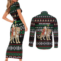 United Arab Emirates Christmas Couples Matching Short Sleeve Bodycon Dress and Long Sleeve Button Shirt with Santa Riding Cheetah Black Snowflake Pattern and Palm Tree - Wonder Print Shop