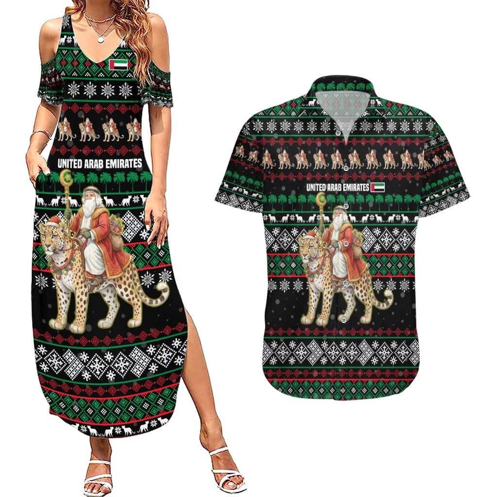 United Arab Emirates Christmas Couples Matching Summer Maxi Dress and Hawaiian Shirt with Santa Riding Cheetah Black Snowflake Pattern and Palm Tree - Wonder Print Shop