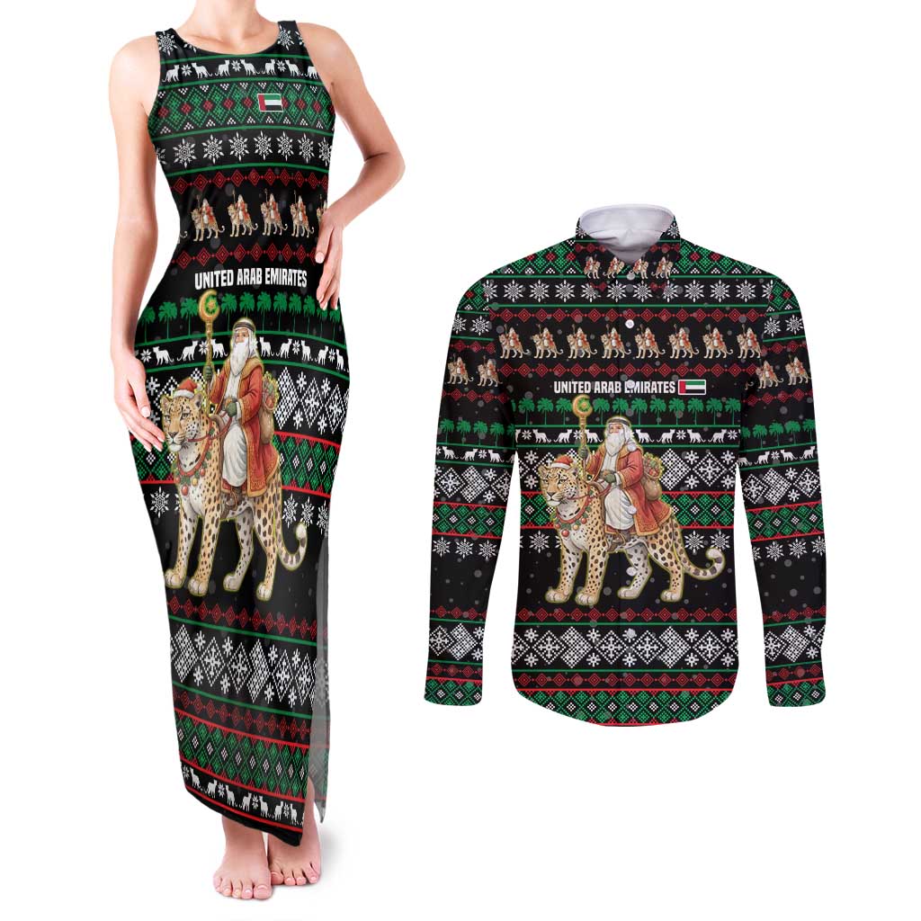 United Arab Emirates Christmas Couples Matching Tank Maxi Dress and Long Sleeve Button Shirt with Santa Riding Cheetah Black Snowflake Pattern and Palm Tree - Wonder Print Shop