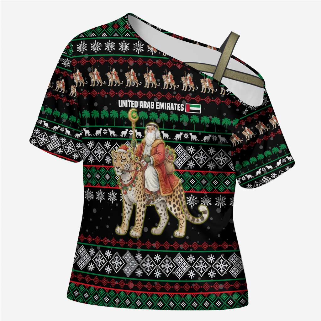United Arab Emirates Christmas Cross Shoulder Shirt with Santa Riding Cheetah Black Snowflake Pattern and Palm Tree - Wonder Print Shop
