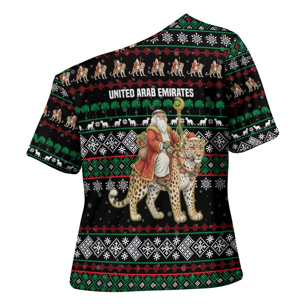 United Arab Emirates Christmas Cross Shoulder Shirt with Santa Riding Cheetah Black Snowflake Pattern and Palm Tree - Wonder Print Shop