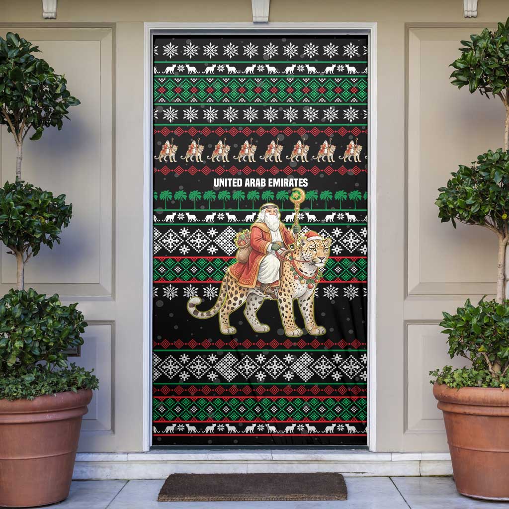 United Arab Emirates Christmas Door Cover with Santa Riding Cheetah Black Snowflake Pattern and Palm Tree - Wonder Print Shop