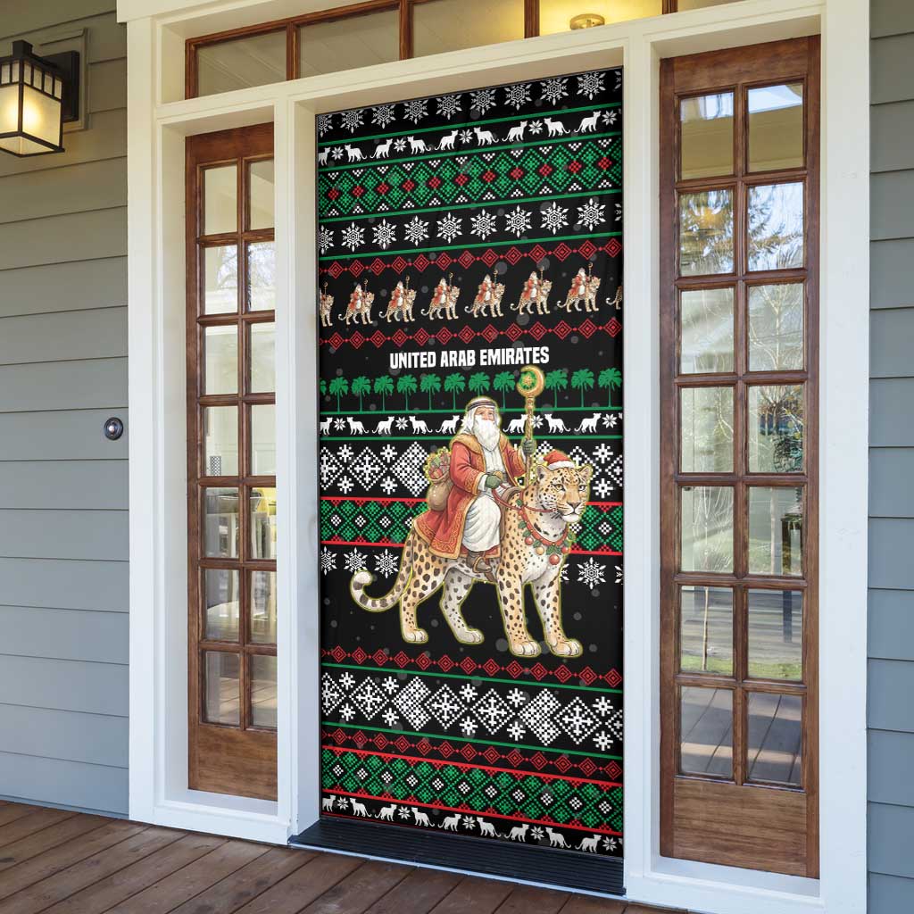 United Arab Emirates Christmas Door Cover with Santa Riding Cheetah Black Snowflake Pattern and Palm Tree - Wonder Print Shop