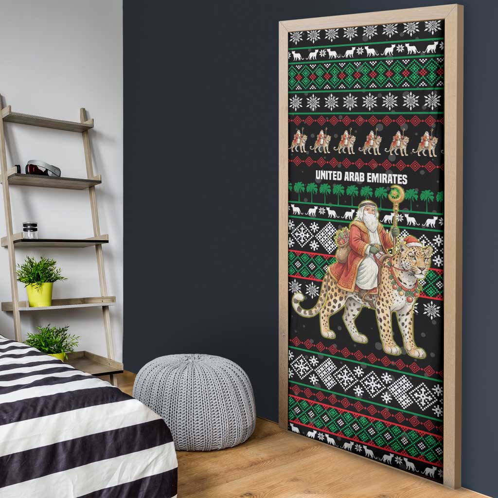 United Arab Emirates Christmas Door Cover with Santa Riding Cheetah Black Snowflake Pattern and Palm Tree - Wonder Print Shop
