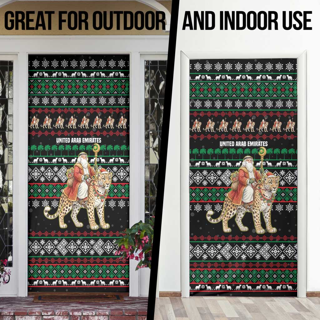 United Arab Emirates Christmas Door Cover with Santa Riding Cheetah Black Snowflake Pattern and Palm Tree - Wonder Print Shop