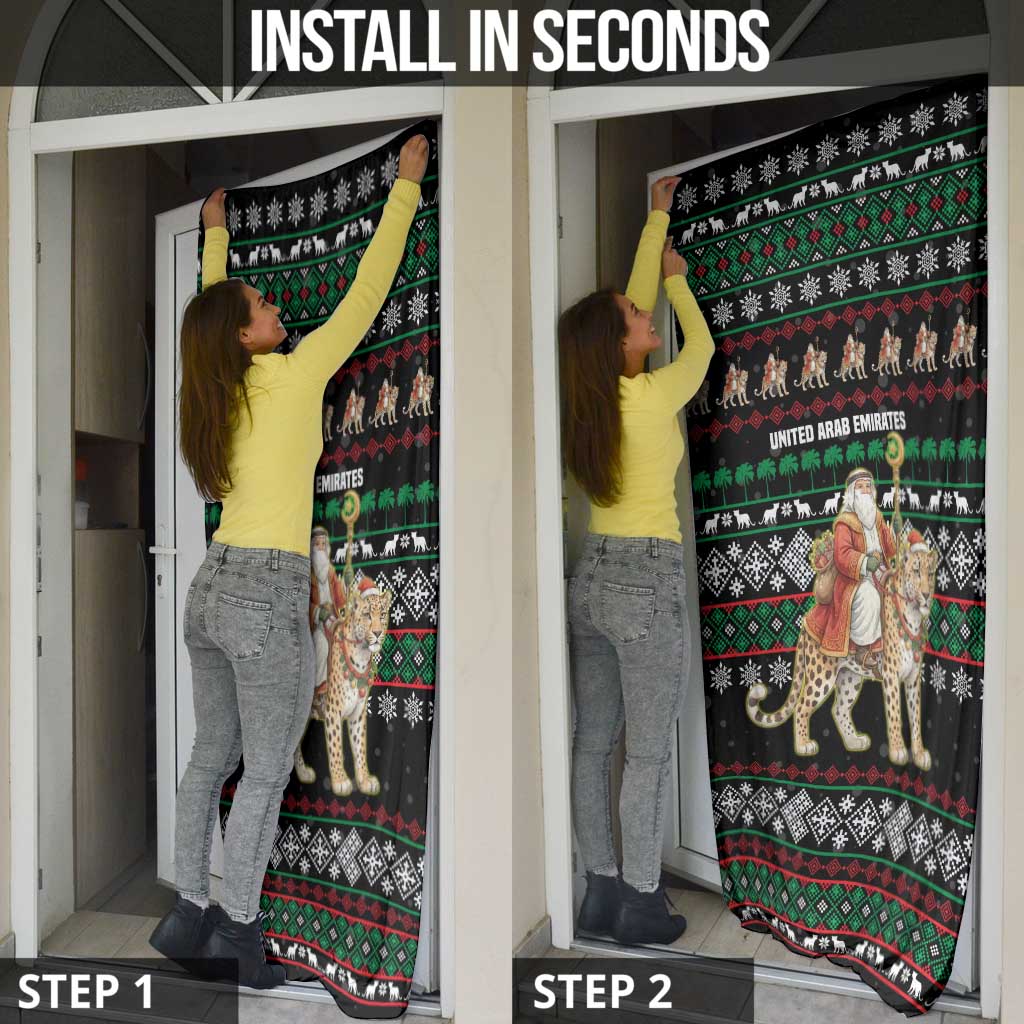 United Arab Emirates Christmas Door Cover with Santa Riding Cheetah Black Snowflake Pattern and Palm Tree - Wonder Print Shop