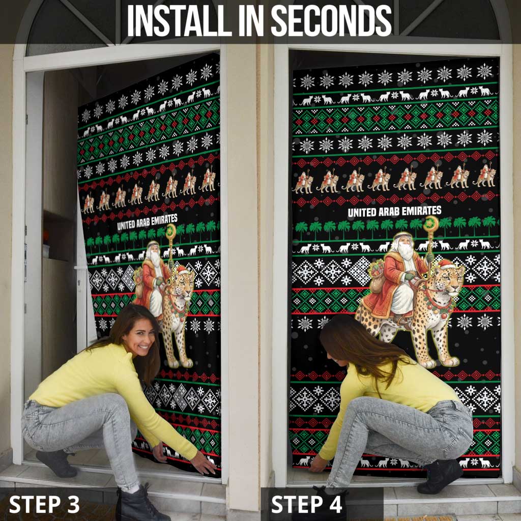 United Arab Emirates Christmas Door Cover with Santa Riding Cheetah Black Snowflake Pattern and Palm Tree - Wonder Print Shop