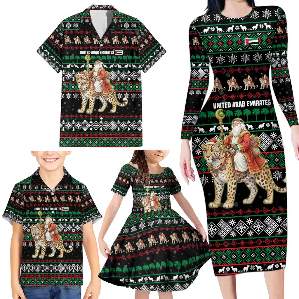 United Arab Emirates Christmas Family Matching Long Sleeve Bodycon Dress and Hawaiian Shirt with Santa Riding Cheetah Black Snowflake Pattern and Palm Tree - Wonder Print Shop