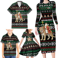 United Arab Emirates Christmas Family Matching Long Sleeve Bodycon Dress and Hawaiian Shirt with Santa Riding Cheetah Black Snowflake Pattern and Palm Tree - Wonder Print Shop