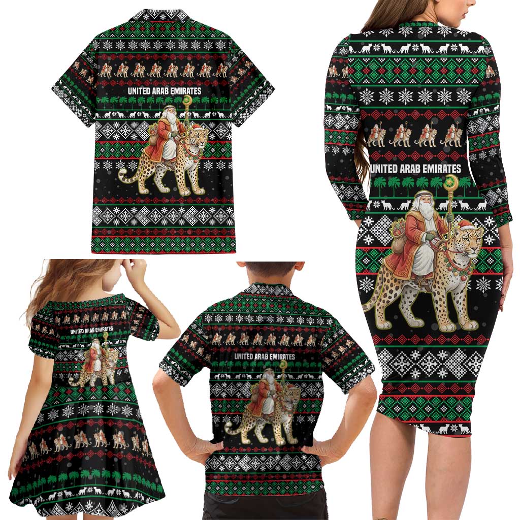 United Arab Emirates Christmas Family Matching Long Sleeve Bodycon Dress and Hawaiian Shirt with Santa Riding Cheetah Black Snowflake Pattern and Palm Tree - Wonder Print Shop