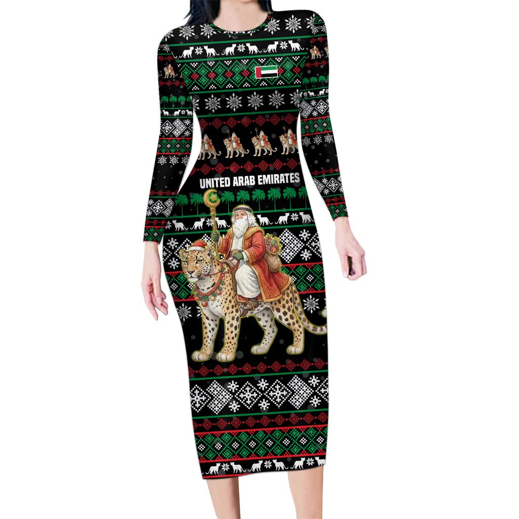 United Arab Emirates Christmas Family Matching Long Sleeve Bodycon Dress and Hawaiian Shirt with Santa Riding Cheetah Black Snowflake Pattern and Palm Tree - Wonder Print Shop