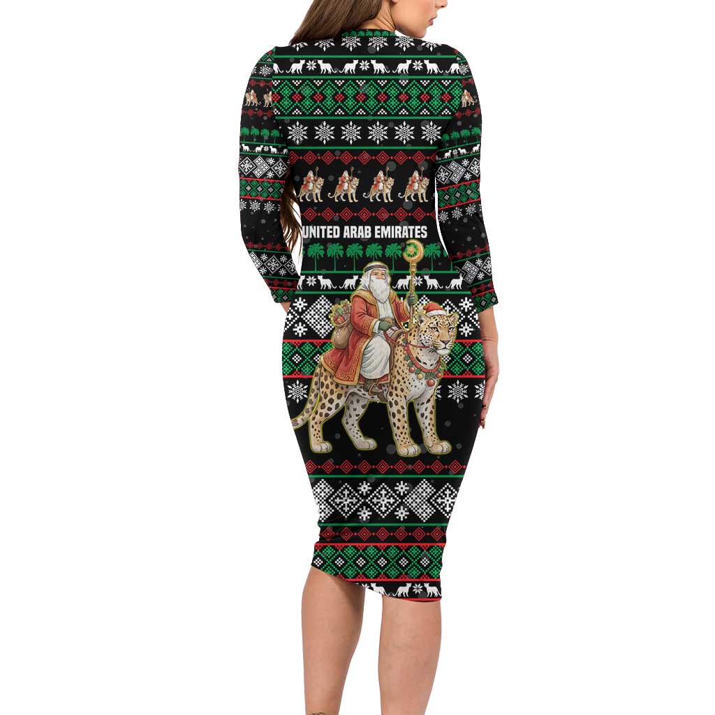 United Arab Emirates Christmas Family Matching Long Sleeve Bodycon Dress and Hawaiian Shirt with Santa Riding Cheetah Black Snowflake Pattern and Palm Tree - Wonder Print Shop