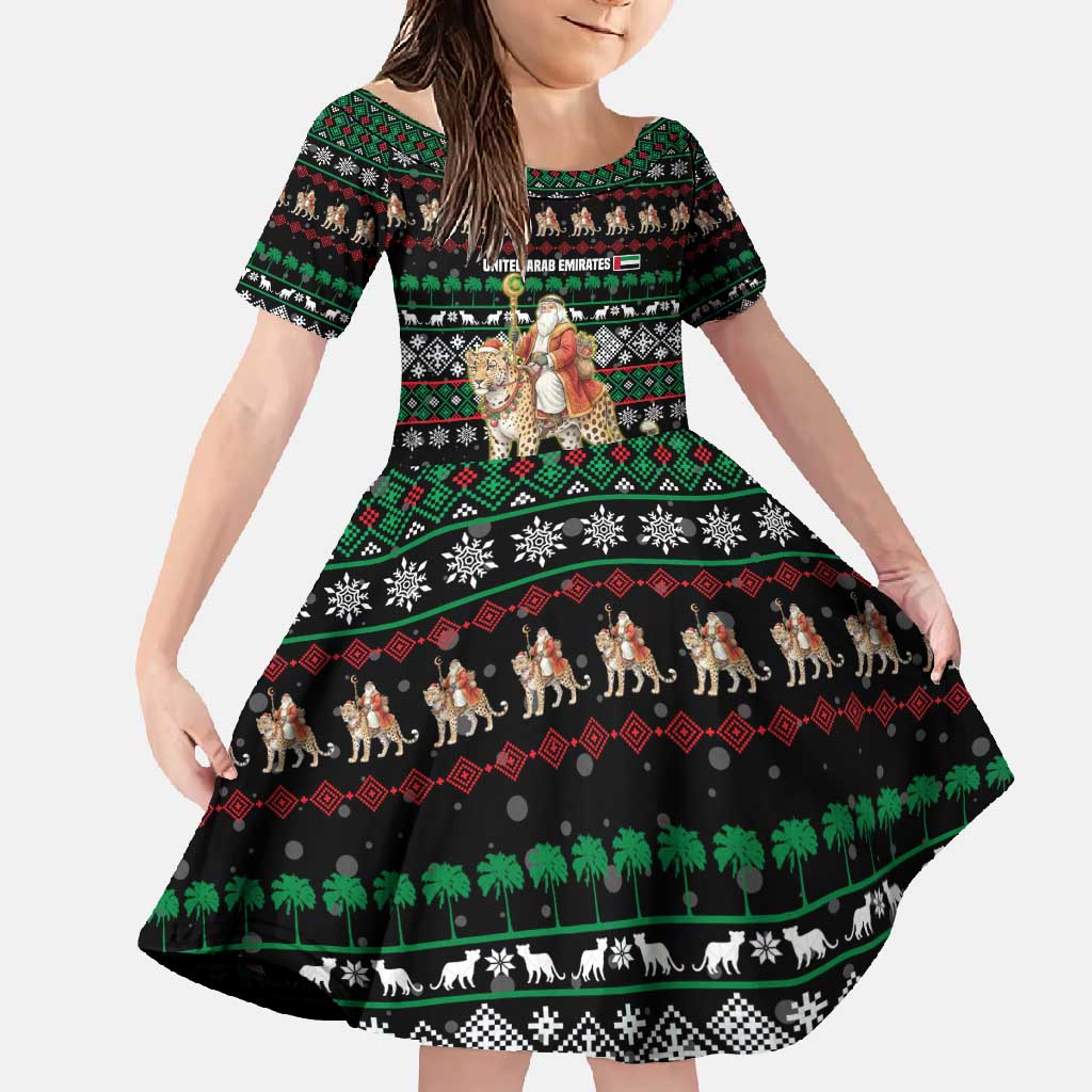 United Arab Emirates Christmas Family Matching Mermaid Dress and Hawaiian Shirt with Santa Riding Cheetah Black Snowflake Pattern and Palm Tree - Wonder Print Shop