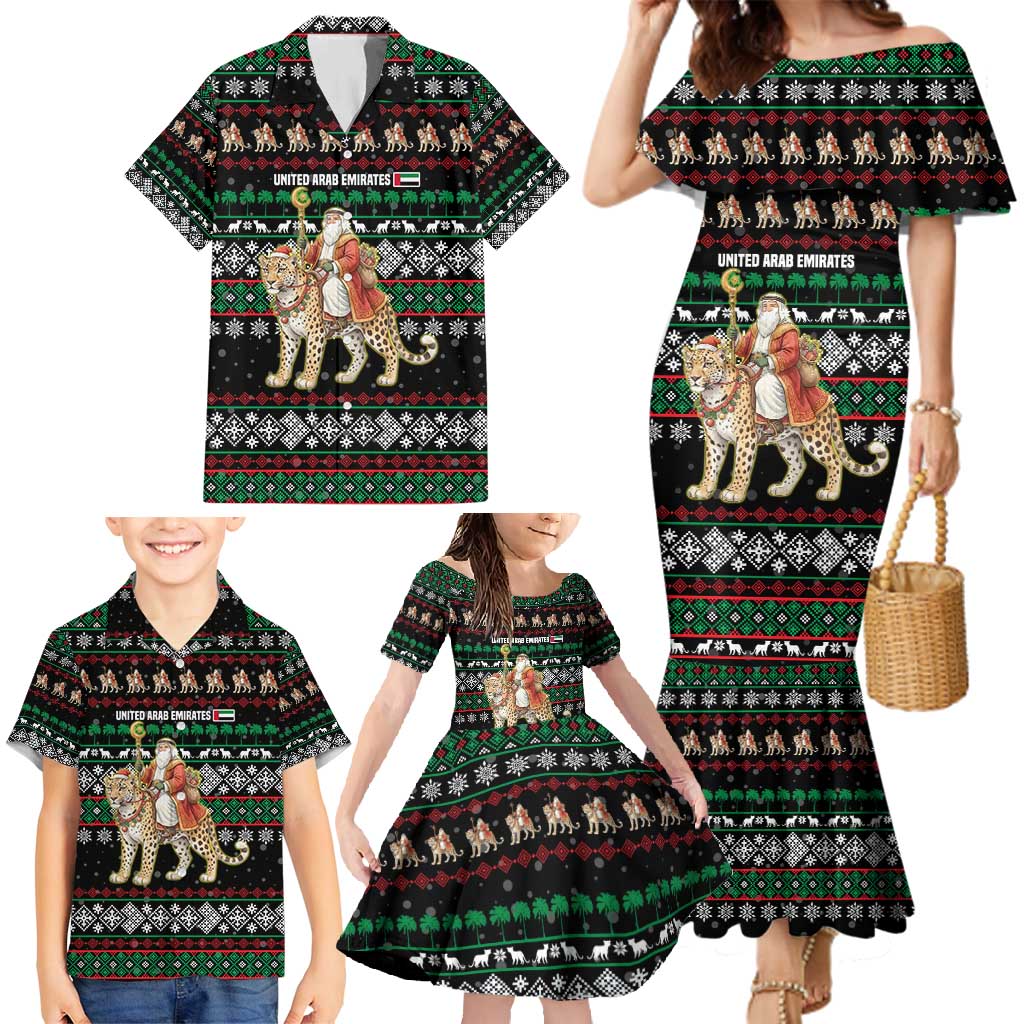 United Arab Emirates Christmas Family Matching Mermaid Dress and Hawaiian Shirt with Santa Riding Cheetah Black Snowflake Pattern and Palm Tree - Wonder Print Shop