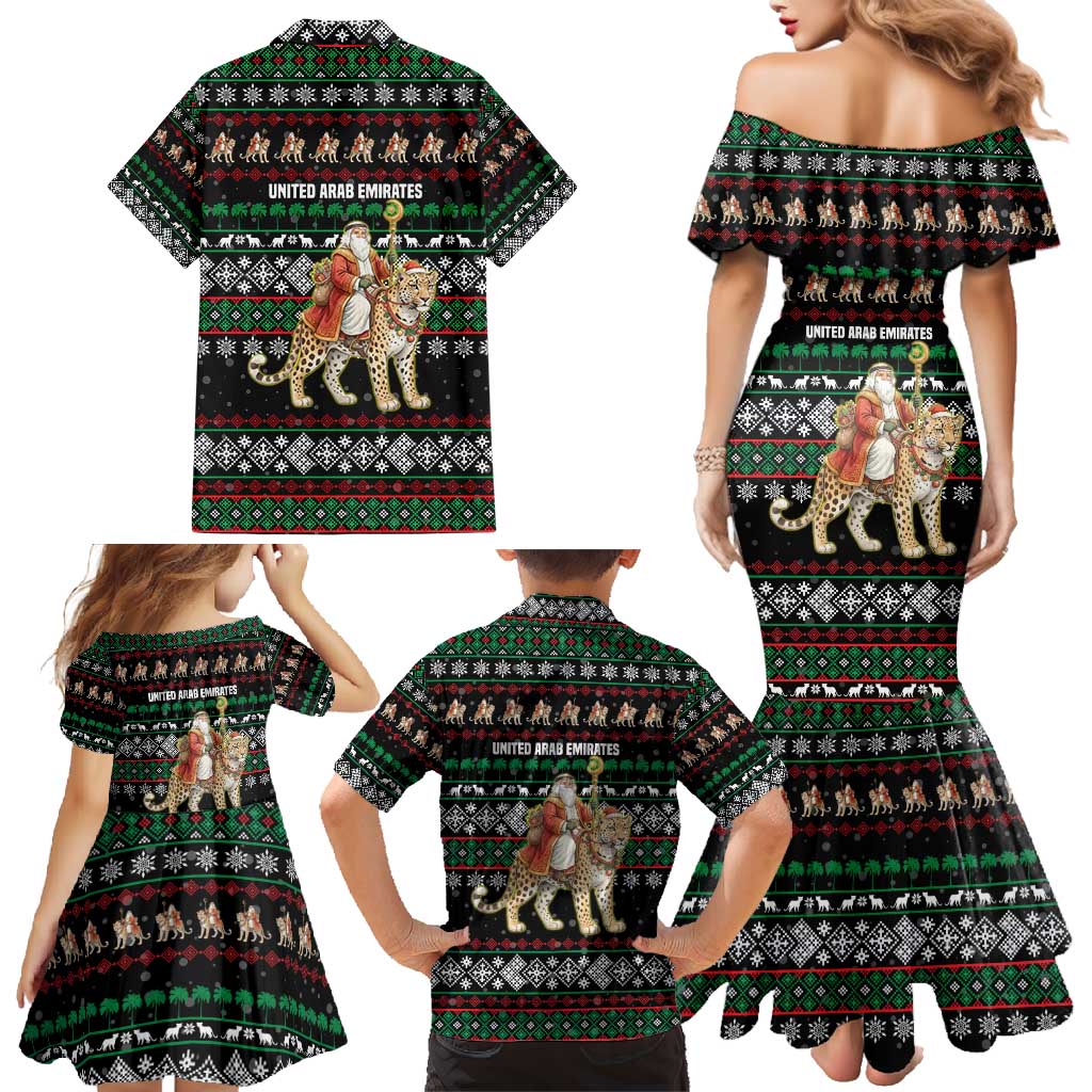 United Arab Emirates Christmas Family Matching Mermaid Dress and Hawaiian Shirt with Santa Riding Cheetah Black Snowflake Pattern and Palm Tree - Wonder Print Shop