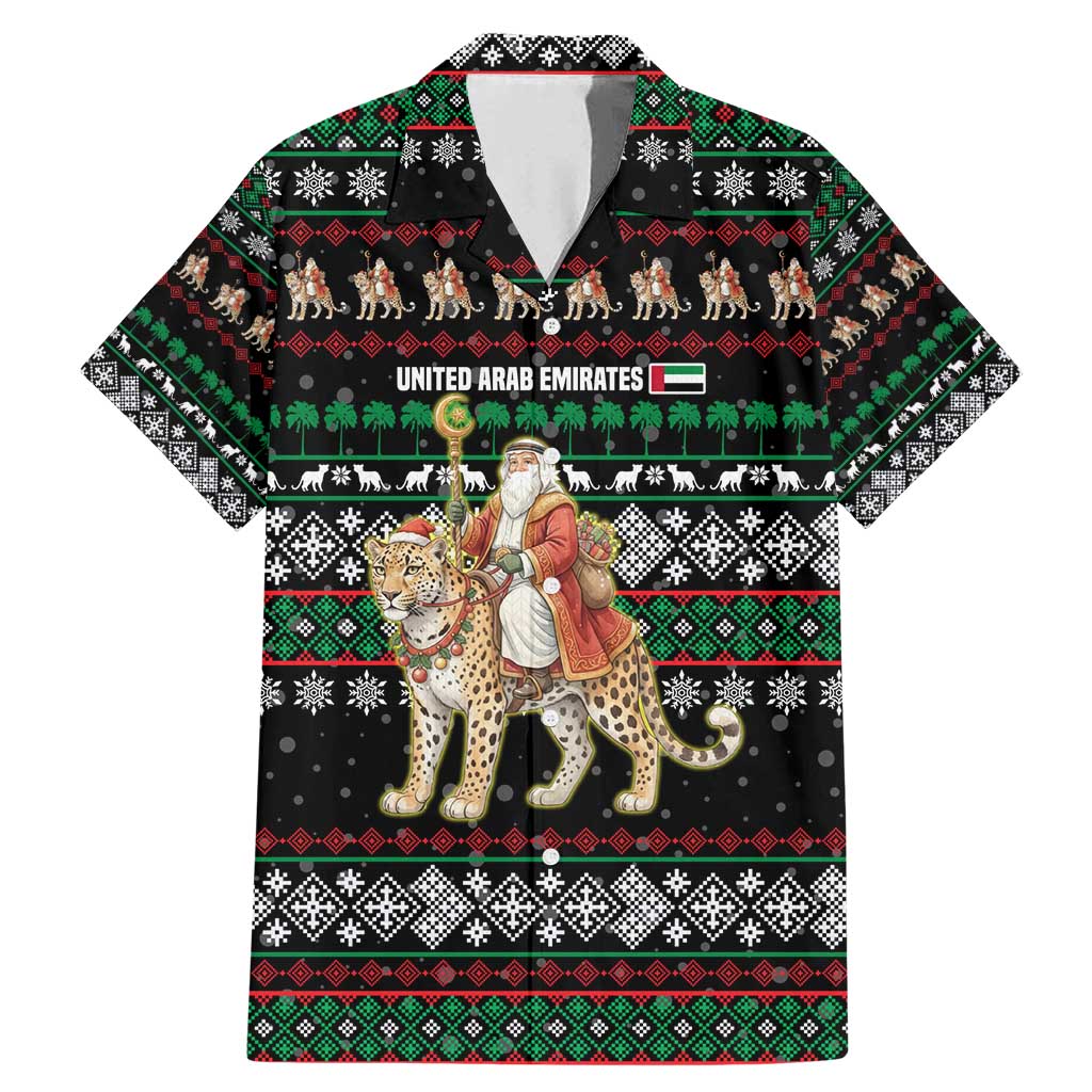 United Arab Emirates Christmas Family Matching Mermaid Dress and Hawaiian Shirt with Santa Riding Cheetah Black Snowflake Pattern and Palm Tree - Wonder Print Shop