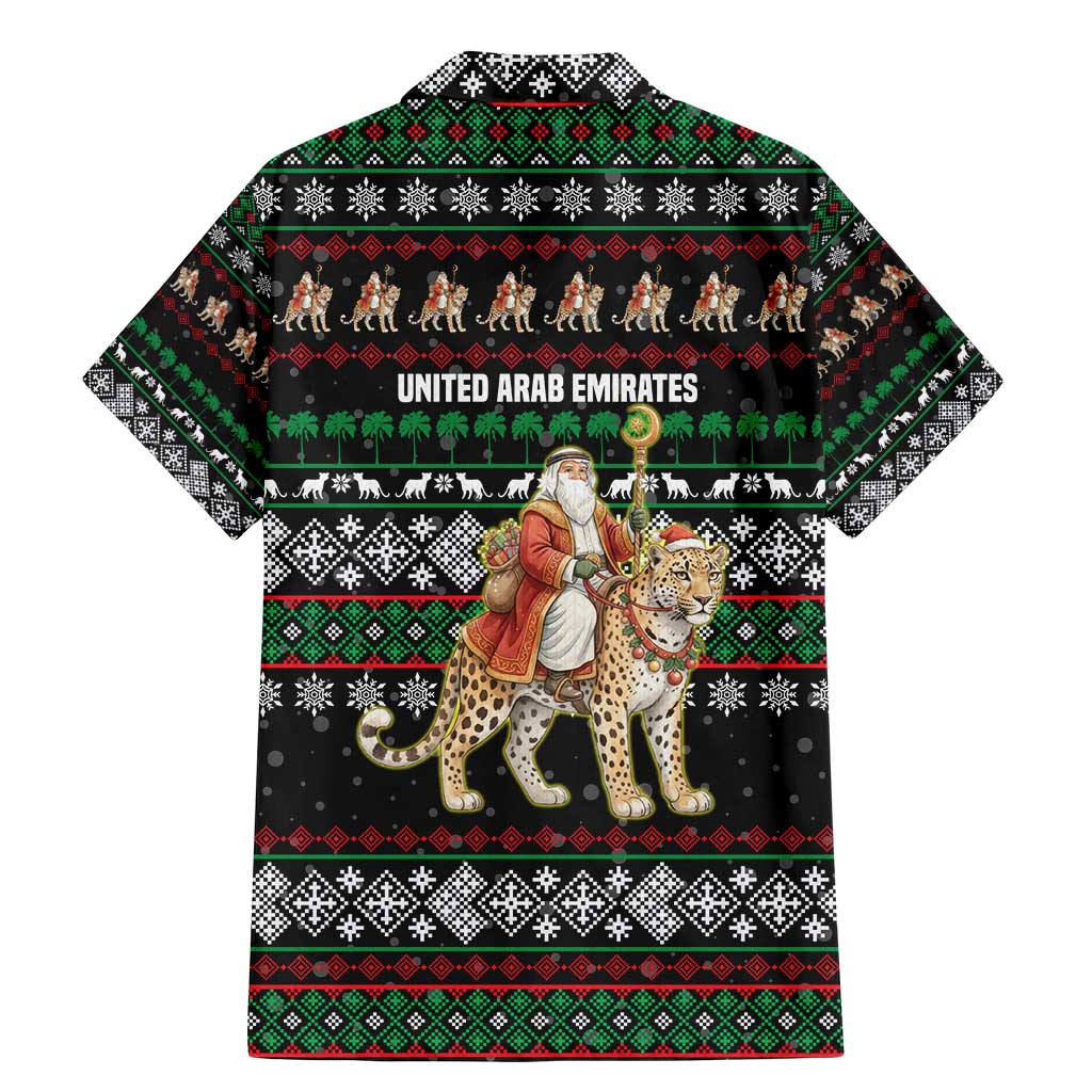 United Arab Emirates Christmas Family Matching Mermaid Dress and Hawaiian Shirt with Santa Riding Cheetah Black Snowflake Pattern and Palm Tree - Wonder Print Shop