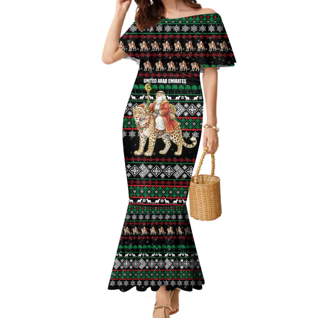 United Arab Emirates Christmas Family Matching Mermaid Dress and Hawaiian Shirt with Santa Riding Cheetah Black Snowflake Pattern and Palm Tree - Wonder Print Shop
