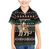 United Arab Emirates Christmas Family Matching Mermaid Dress and Hawaiian Shirt with Santa Riding Cheetah Black Snowflake Pattern and Palm Tree - Wonder Print Shop