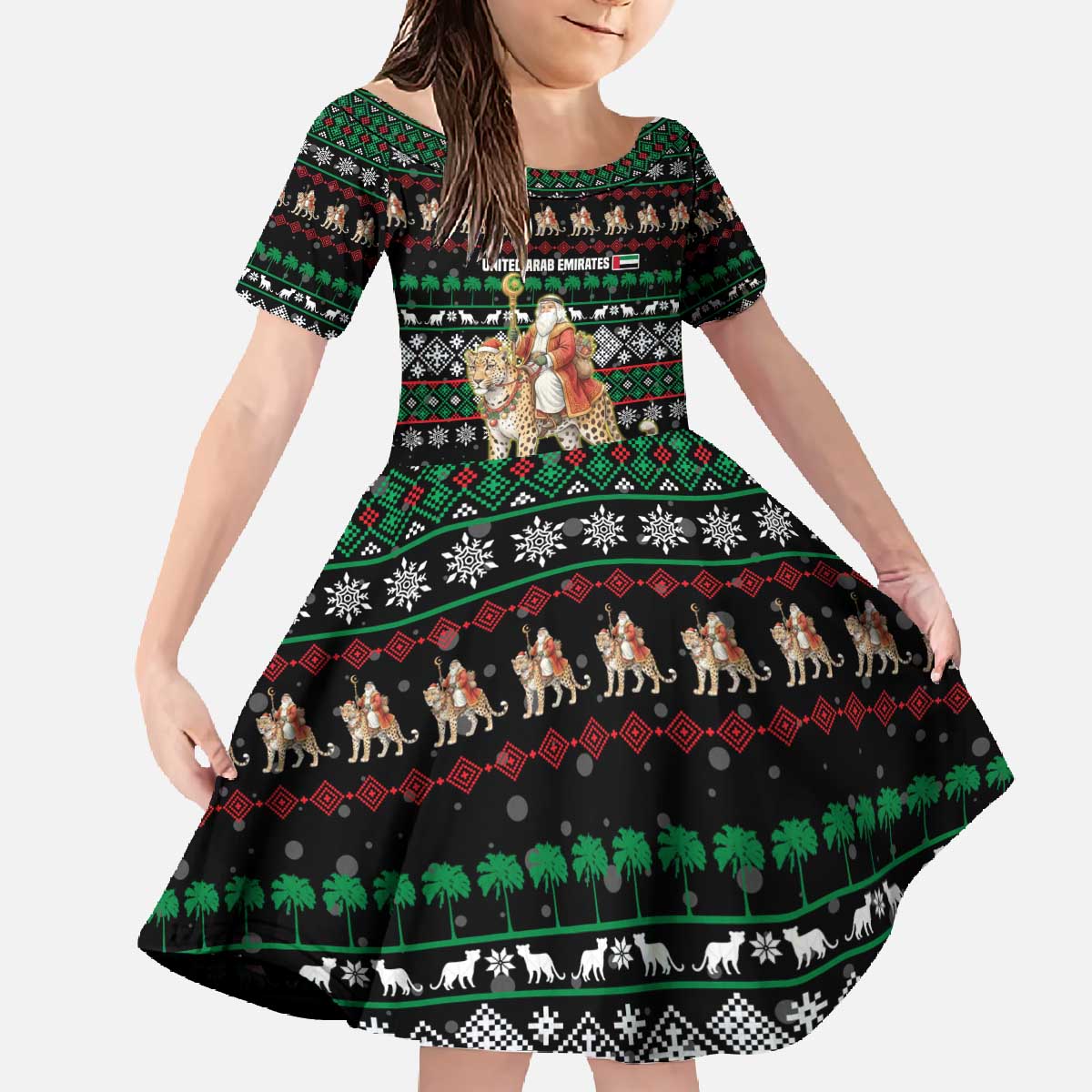 United Arab Emirates Christmas Family Matching Off The Shoulder Long Sleeve Dress and Hawaiian Shirt with Santa Riding Cheetah Black Snowflake Pattern and Palm Tree - Wonder Print Shop