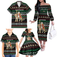 United Arab Emirates Christmas Family Matching Off The Shoulder Long Sleeve Dress and Hawaiian Shirt with Santa Riding Cheetah Black Snowflake Pattern and Palm Tree - Wonder Print Shop