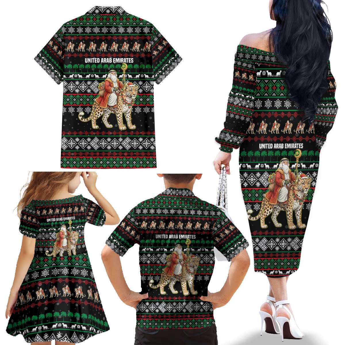 United Arab Emirates Christmas Family Matching Off The Shoulder Long Sleeve Dress and Hawaiian Shirt with Santa Riding Cheetah Black Snowflake Pattern and Palm Tree - Wonder Print Shop
