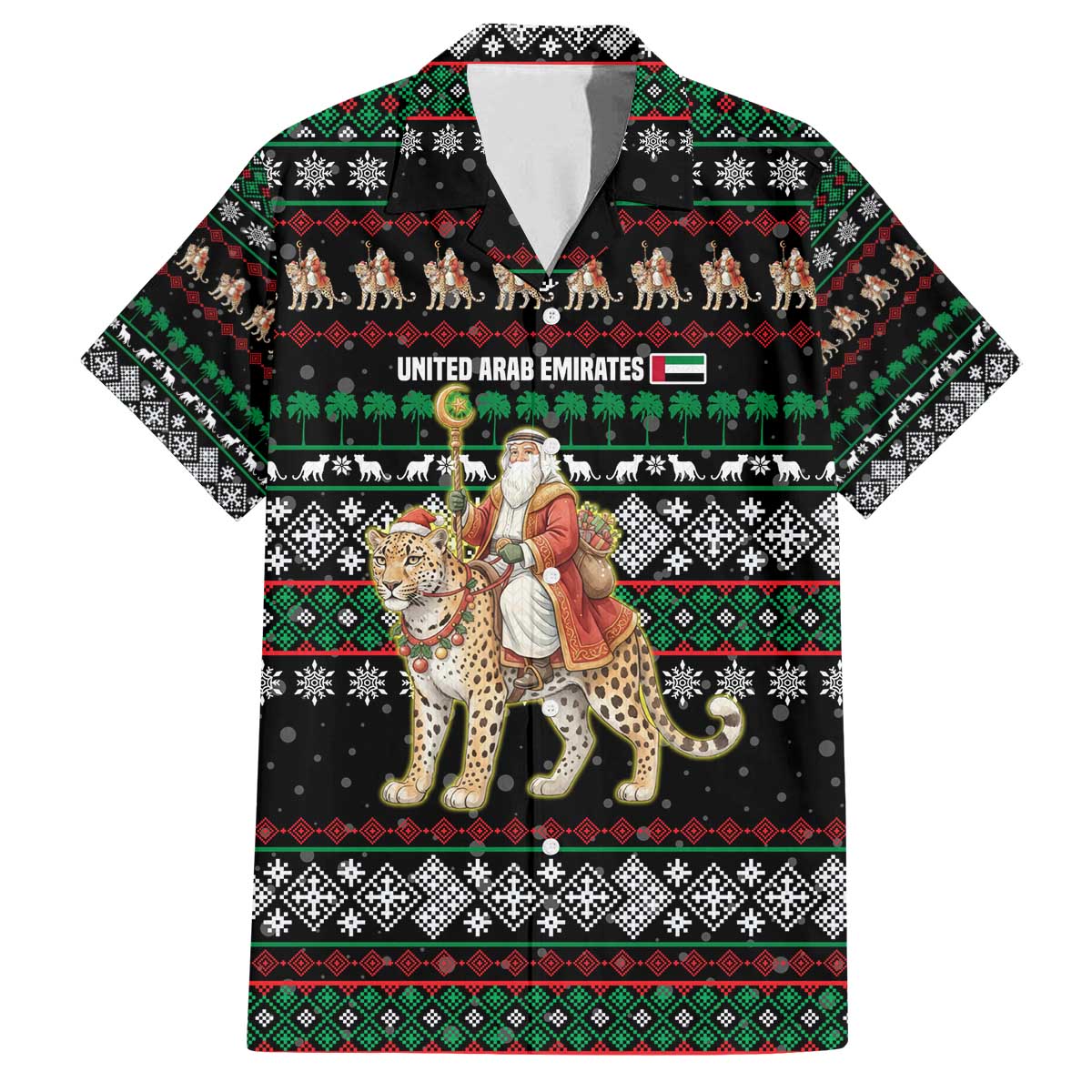 United Arab Emirates Christmas Family Matching Off The Shoulder Long Sleeve Dress and Hawaiian Shirt with Santa Riding Cheetah Black Snowflake Pattern and Palm Tree - Wonder Print Shop