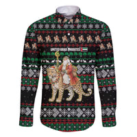 United Arab Emirates Christmas Family Matching Off The Shoulder Long Sleeve Dress and Hawaiian Shirt with Santa Riding Cheetah Black Snowflake Pattern and Palm Tree - Wonder Print Shop