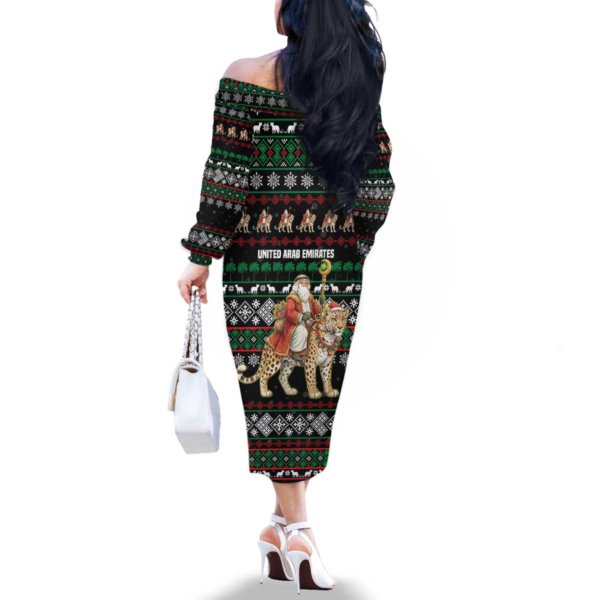 United Arab Emirates Christmas Family Matching Off The Shoulder Long Sleeve Dress and Hawaiian Shirt with Santa Riding Cheetah Black Snowflake Pattern and Palm Tree - Wonder Print Shop