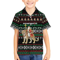 United Arab Emirates Christmas Family Matching Off The Shoulder Long Sleeve Dress and Hawaiian Shirt with Santa Riding Cheetah Black Snowflake Pattern and Palm Tree - Wonder Print Shop