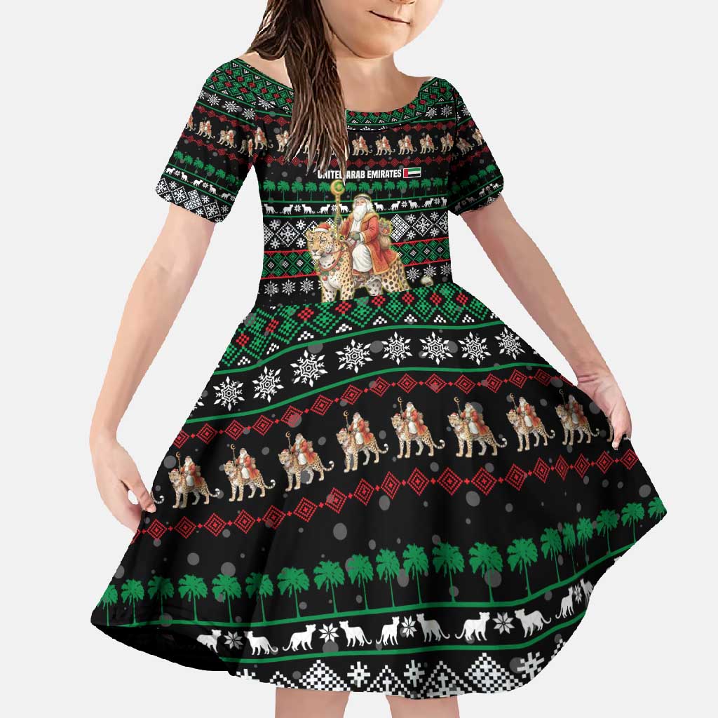 United Arab Emirates Christmas Family Matching Off Shoulder Maxi Dress and Hawaiian Shirt with Santa Riding Cheetah Black Snowflake Pattern and Palm Tree - Wonder Print Shop