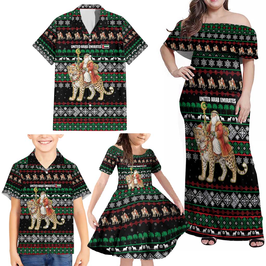 United Arab Emirates Christmas Family Matching Off Shoulder Maxi Dress and Hawaiian Shirt with Santa Riding Cheetah Black Snowflake Pattern and Palm Tree - Wonder Print Shop