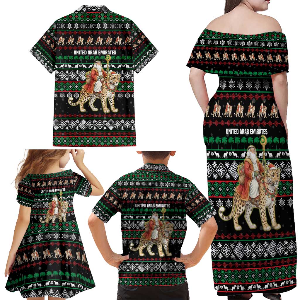 United Arab Emirates Christmas Family Matching Off Shoulder Maxi Dress and Hawaiian Shirt with Santa Riding Cheetah Black Snowflake Pattern and Palm Tree - Wonder Print Shop