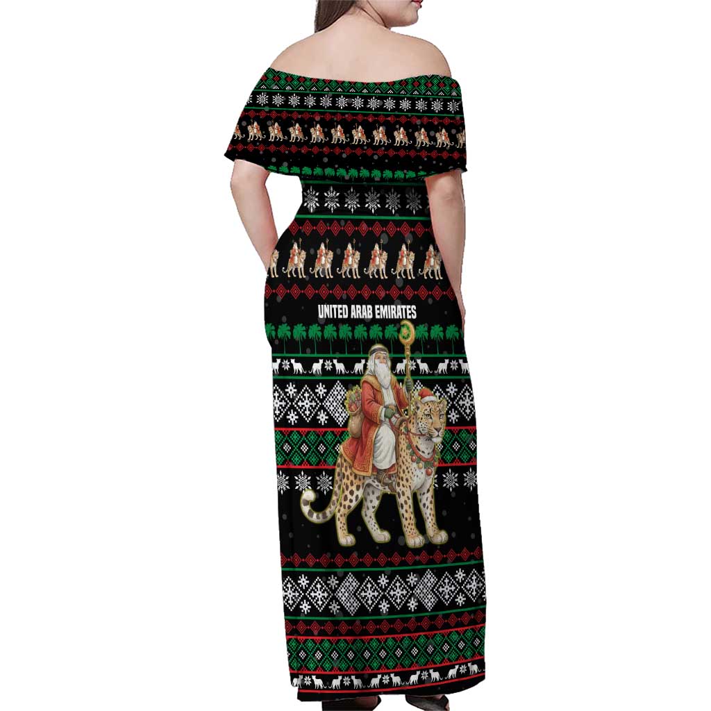 United Arab Emirates Christmas Family Matching Off Shoulder Maxi Dress and Hawaiian Shirt with Santa Riding Cheetah Black Snowflake Pattern and Palm Tree - Wonder Print Shop