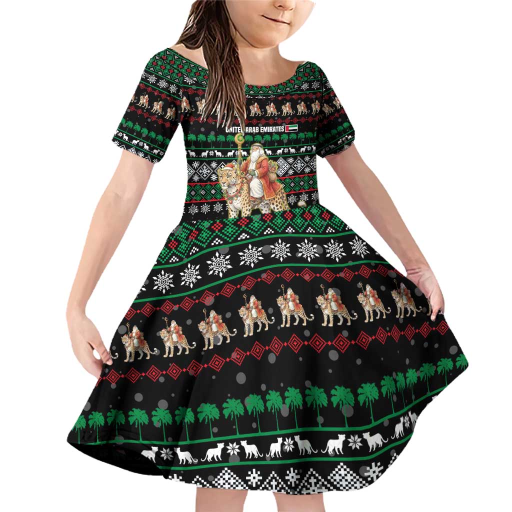 United Arab Emirates Christmas Family Matching Off Shoulder Short Dress and Hawaiian Shirt with Santa Riding Cheetah Black Snowflake Pattern and Palm Tree - Wonder Print Shop