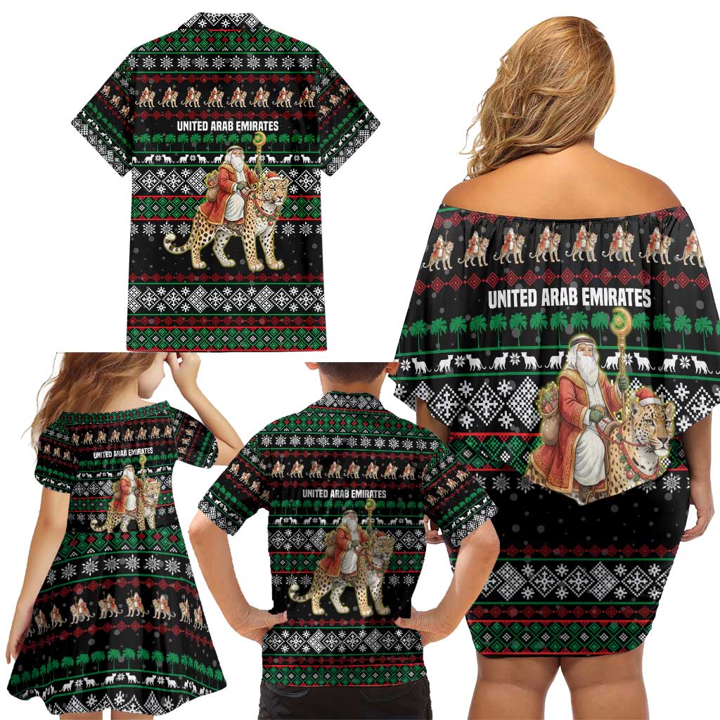 United Arab Emirates Christmas Family Matching Off Shoulder Short Dress and Hawaiian Shirt with Santa Riding Cheetah Black Snowflake Pattern and Palm Tree - Wonder Print Shop
