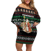 United Arab Emirates Christmas Family Matching Off Shoulder Short Dress and Hawaiian Shirt with Santa Riding Cheetah Black Snowflake Pattern and Palm Tree - Wonder Print Shop