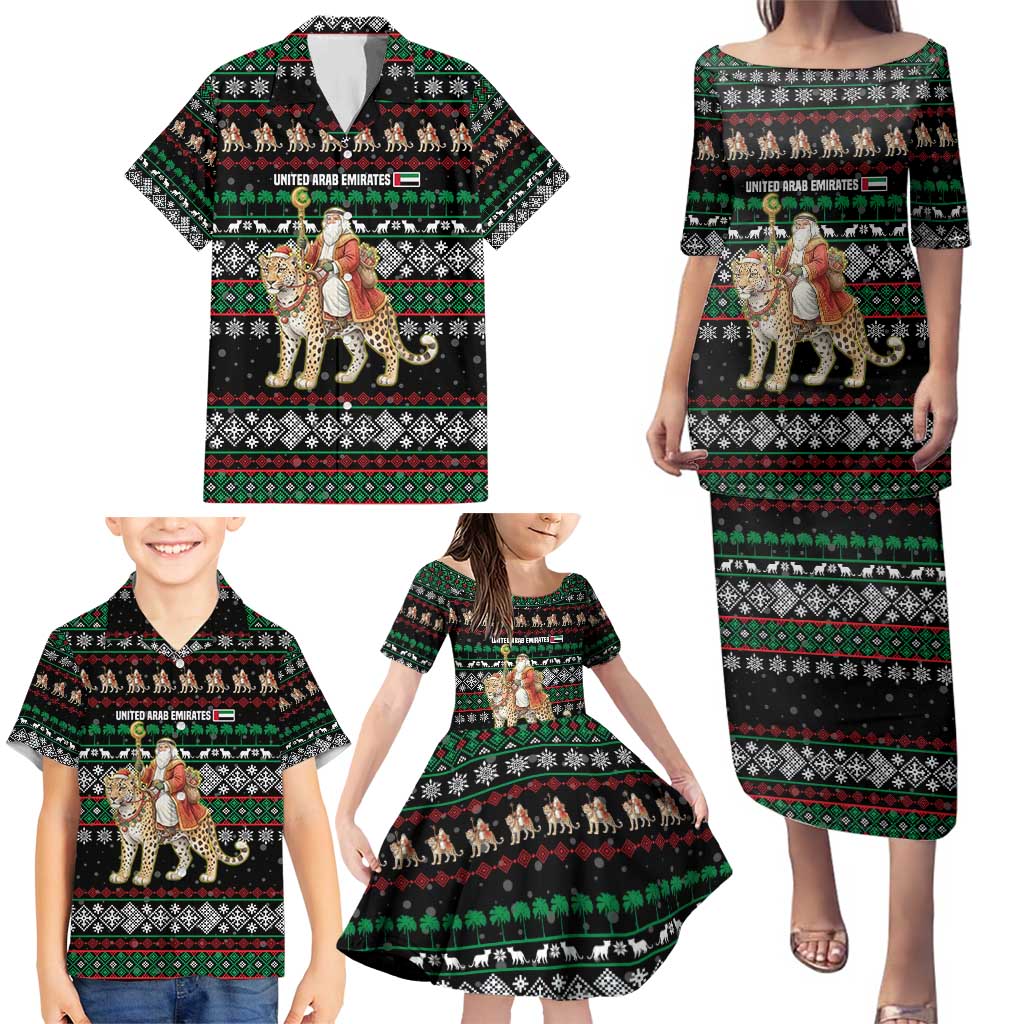 United Arab Emirates Christmas Family Matching Puletasi and Hawaiian Shirt with Santa Riding Cheetah Black Snowflake Pattern and Palm Tree - Wonder Print Shop