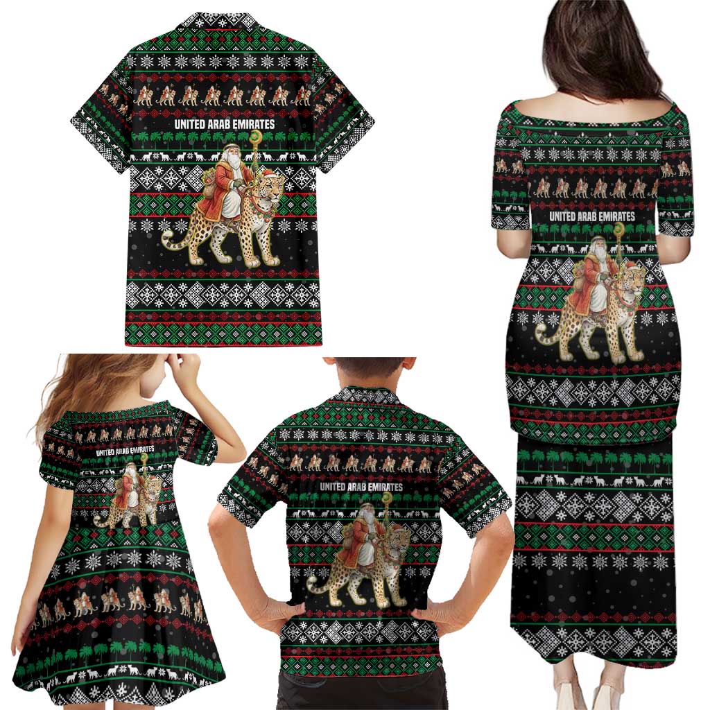 United Arab Emirates Christmas Family Matching Puletasi and Hawaiian Shirt with Santa Riding Cheetah Black Snowflake Pattern and Palm Tree - Wonder Print Shop