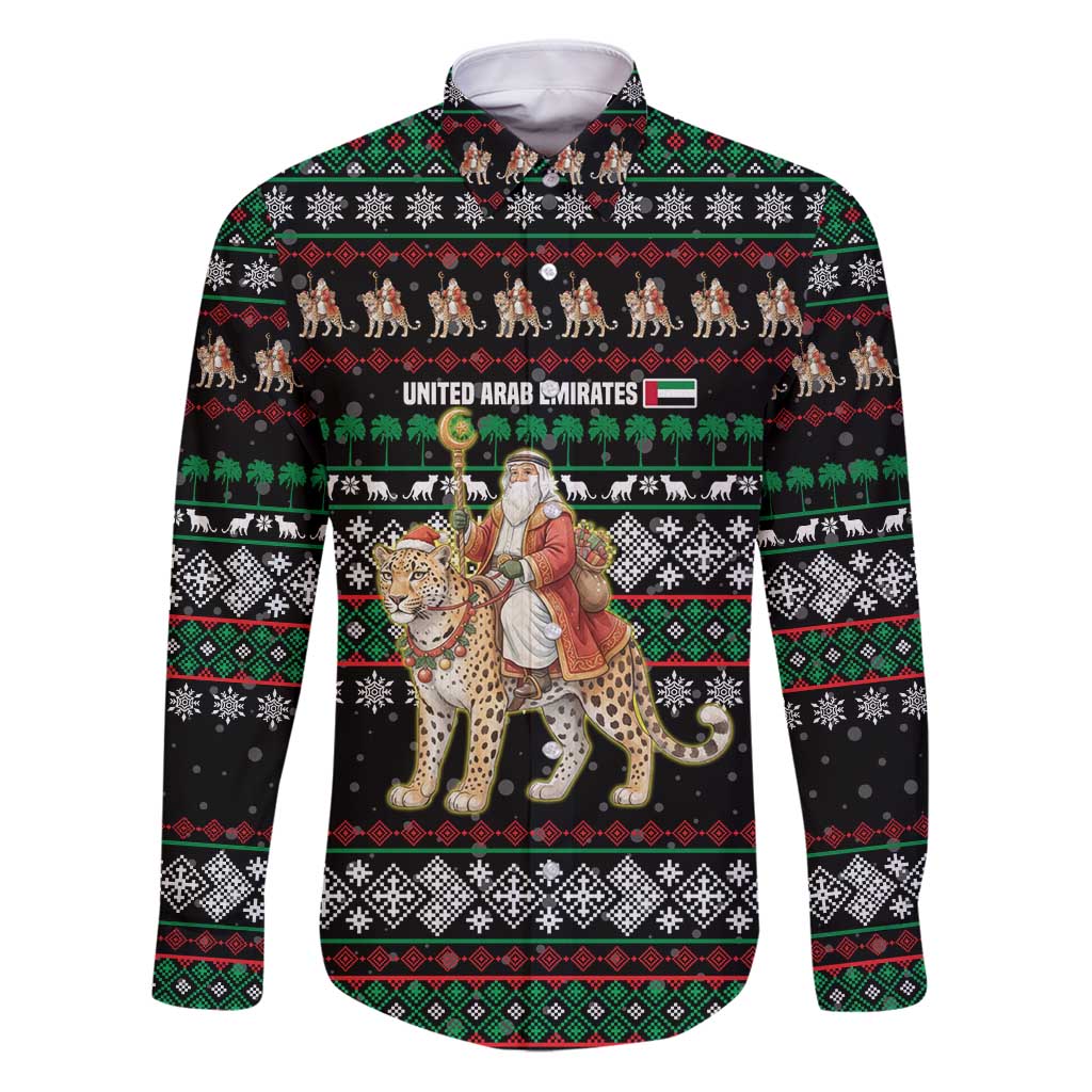United Arab Emirates Christmas Family Matching Puletasi and Hawaiian Shirt with Santa Riding Cheetah Black Snowflake Pattern and Palm Tree - Wonder Print Shop