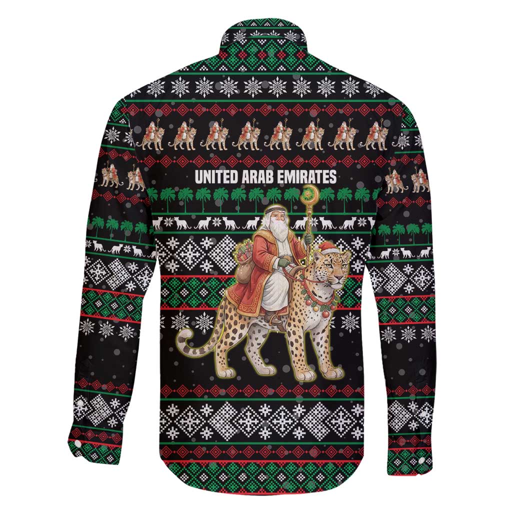 United Arab Emirates Christmas Family Matching Puletasi and Hawaiian Shirt with Santa Riding Cheetah Black Snowflake Pattern and Palm Tree - Wonder Print Shop