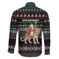 United Arab Emirates Christmas Family Matching Puletasi and Hawaiian Shirt with Santa Riding Cheetah Black Snowflake Pattern and Palm Tree - Wonder Print Shop