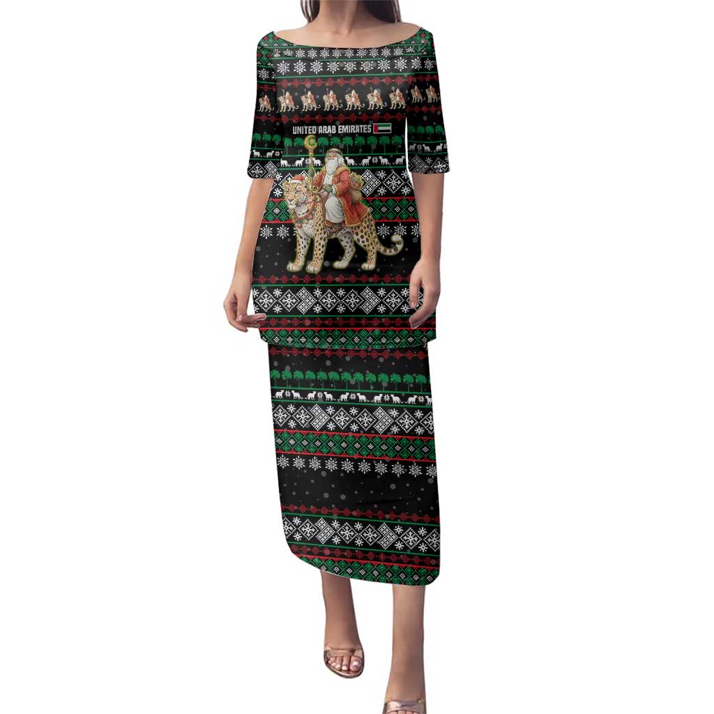 United Arab Emirates Christmas Family Matching Puletasi and Hawaiian Shirt with Santa Riding Cheetah Black Snowflake Pattern and Palm Tree - Wonder Print Shop