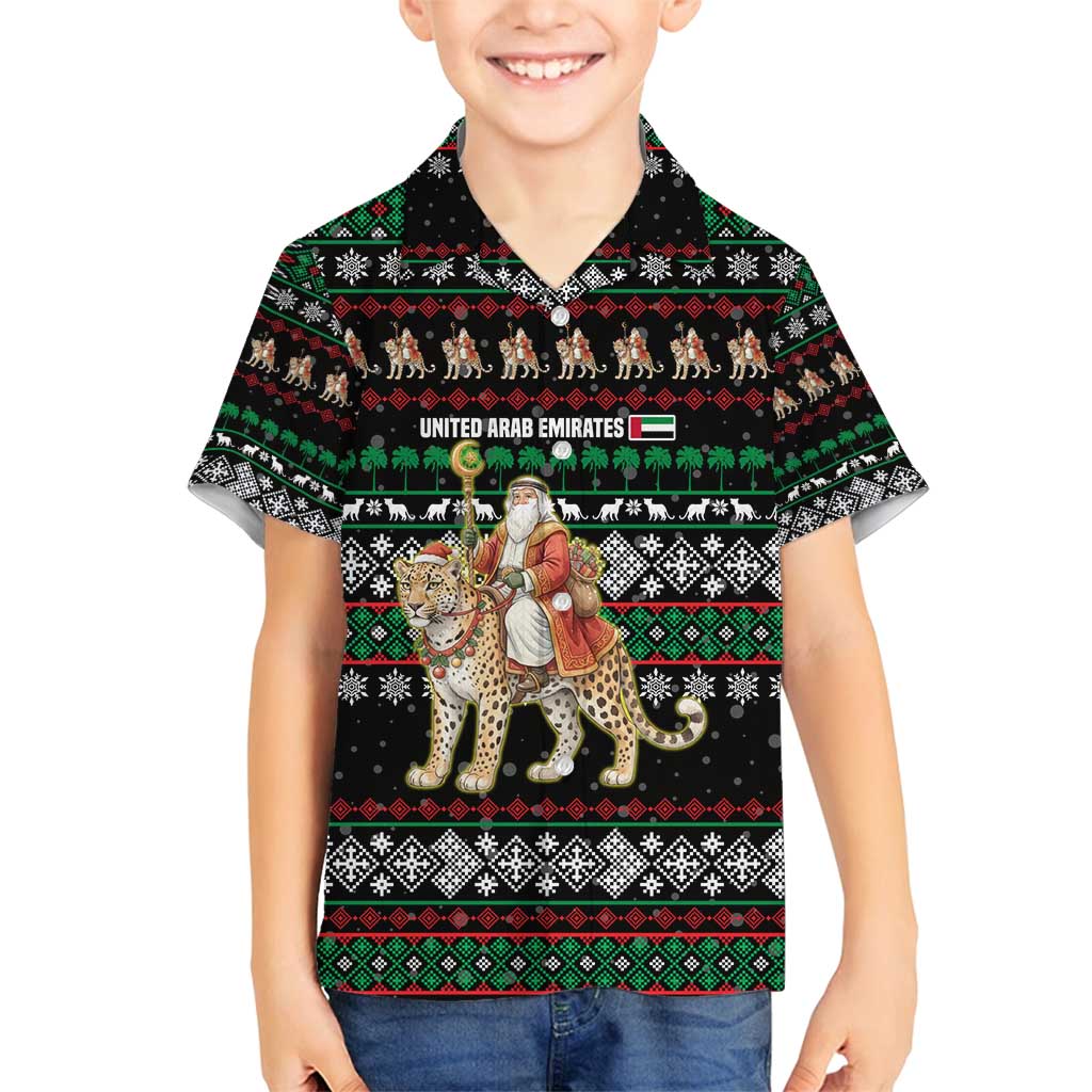 United Arab Emirates Christmas Family Matching Puletasi and Hawaiian Shirt with Santa Riding Cheetah Black Snowflake Pattern and Palm Tree - Wonder Print Shop