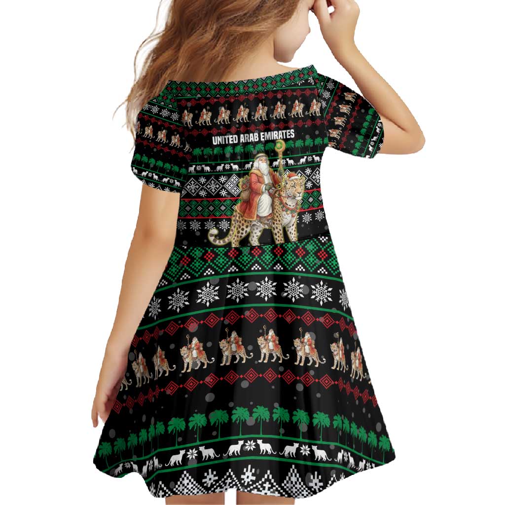 United Arab Emirates Christmas Family Matching Short Sleeve Bodycon Dress and Hawaiian Shirt with Santa Riding Cheetah Black Snowflake Pattern and Palm Tree - Wonder Print Shop