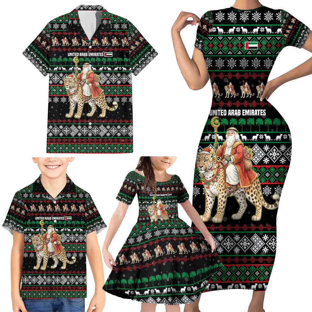 United Arab Emirates Christmas Family Matching Short Sleeve Bodycon Dress and Hawaiian Shirt with Santa Riding Cheetah Black Snowflake Pattern and Palm Tree - Wonder Print Shop